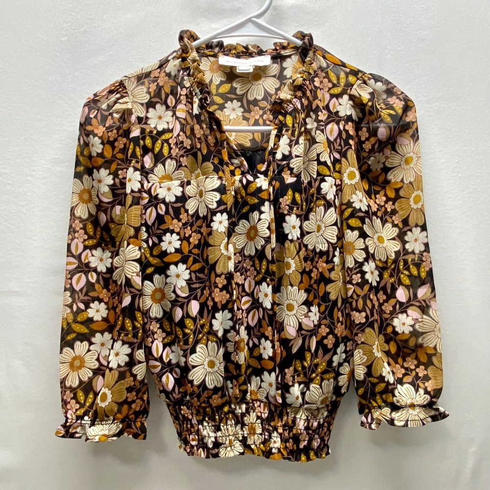 Monteau Los Angeles Blouse Women's Small Gold Floral‎ Shimmer Smocked Waist GUC